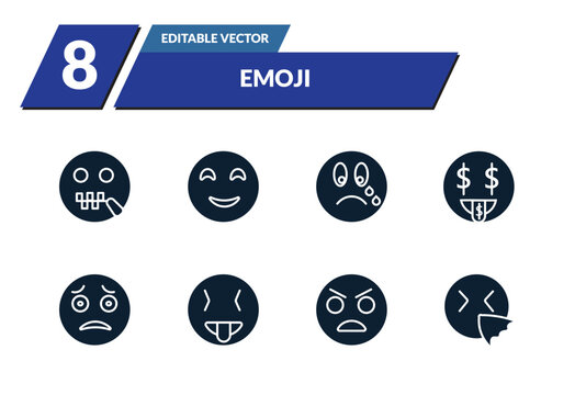 filled emoji icons set - -mouth emoji, blushing emoji, cry rich editable vector for web and mobile ui