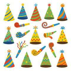Obraz premium Colorful cartoon party hats and noisemakers on a white background