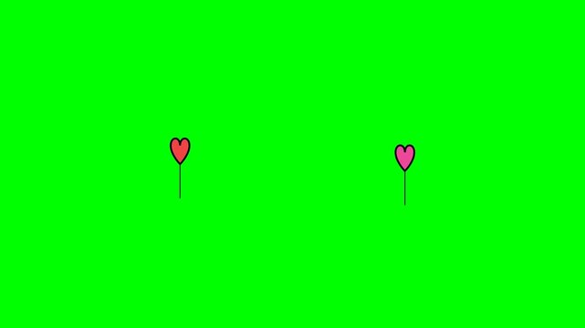 Two floating heart shaped balloons in a rhythmic motion animation set against a vibrant solid bright green screen background