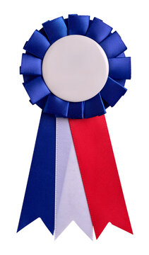 Blue rosette ribbon with blank white center and red, white, blue streamers on transparent background