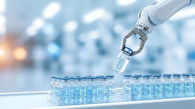 Automated robotic arm carefully placing pharmaceutical vial into medical production line, sterile laboratory environment with rows of vaccine bottles, advanced healthcare manufacturing.