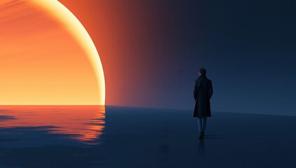 Obraz premium Solitude of a lone silhouette walking on the ocean towards a surreal sunset horizon