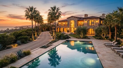 Fototapeta premium Coastal Mediterranean mansion with curved driveway and illuminated pool