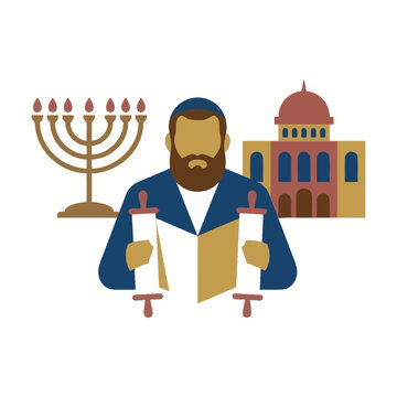 A Jewish rabbi holds a Torah scroll with a menorah and synagogue in the background