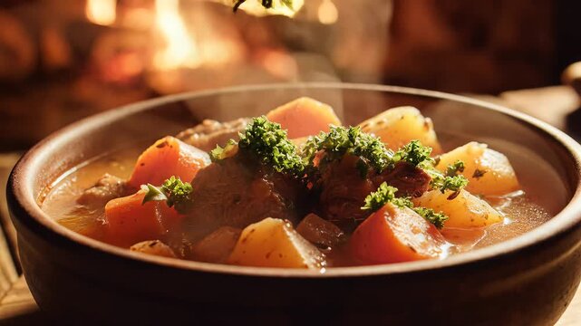 Hearty beef stew simmering in a rustic bowl by a warm fireplace