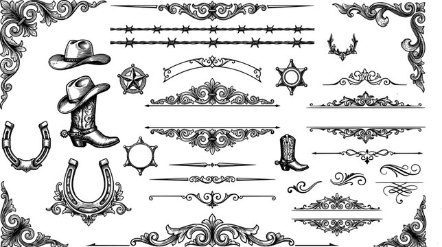 Old Western Design Elements Icon Set Embellishment Borders Divider Lines Scroll Ornate Flourish Wanted Poster Frame Banner Ribbon Rope Border Sheriff Star Barbed Wire Vector