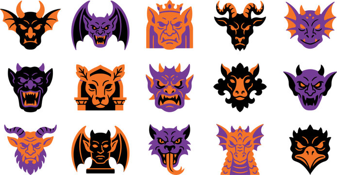 Collection of artistic mythical creature heads featuring spooky horns wings and terrifying expressions in purple and orange color palette for horror themed graphic designs.