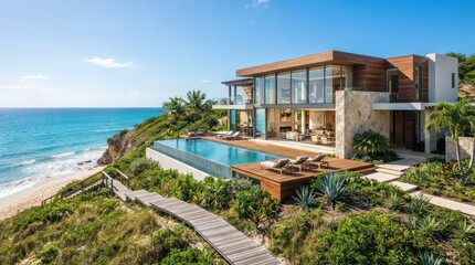 Fototapeta premium Modern oceanfront villa with infinity pool and beach view