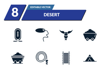 filled desert icons set - hiero, lasso, bull skull, mine. editable vector for web and mobile ui © IconArt