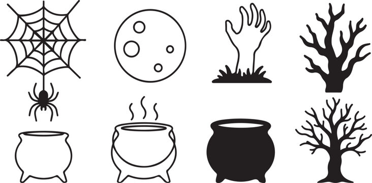 Collection of spooky halloween including spider webs, full moon, zombie hand, dead trees, and cauldrons on a white background