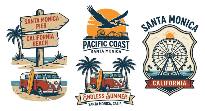 Set of vintage Santa Monica California travel badges with surf van, Ferris wheel, and beach signs, retro graphic illustration for t-shirt design.