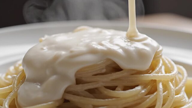 Appetizing close-up of creamy white sauce gracefully cascading over hot, freshly cooked spaghetti, highlighting the delicious texture and inviting warmth of a classic pasta dish