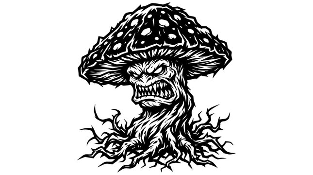 Angry monster mushroom character black and white illustration.