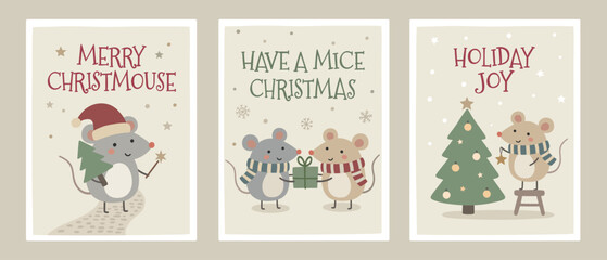Obraz premium Christmas mouse greeting card set with cute mice, tree, gifts, holiday lettering, stars, snowflakes, and cozy winter scenes