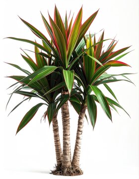 Lush tropical plant with variegated green, red, and yellow sword-shaped leaves