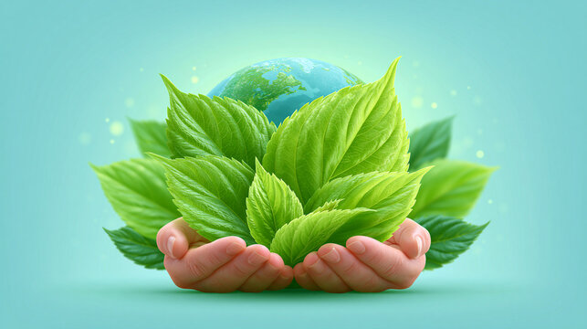 Green Earth surrounded by lush tropical leaves on a pastel background, eco friendly environmental conservation concept, sustainable planet protection, climate action, biodiversity and nature awareness
