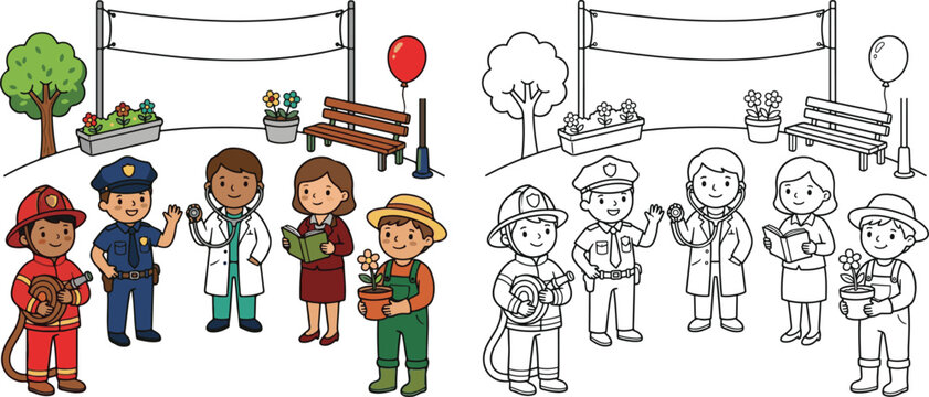 community helpers working together at a neighborhood festival community helper lifestyle cartoon clipart and lineart print vector illustration for school student educational color coloring book