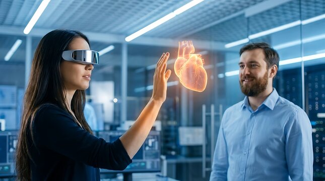 Doctor using augmented reality headset to examine virtual 3D heart hologram for medical diagnosis and education in advanced laboratory future technology concept.