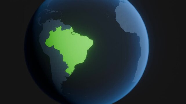 Brazil with borders highlighted on a Globe from Space, planet earth 3d animation.
