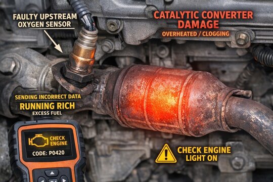 A close-up shot of a car engine with the check engine light illuminated, useful for automotive or mechanical illustrations