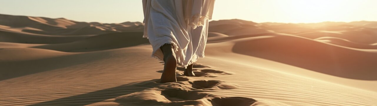 Footprints of Jesus Christ walking barefoot in desert sand. Christian spiritual journey concept long banner. Generative AI