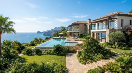 Fototapeta premium Coastal mansion garden with infinity pool and sea cliffs