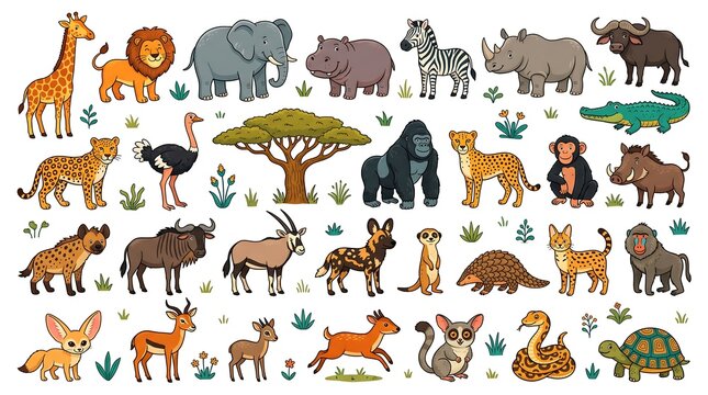 Safari Animals Vector Set with Lion, Elephant, Giraffe and Jungle Wildlife Illustration