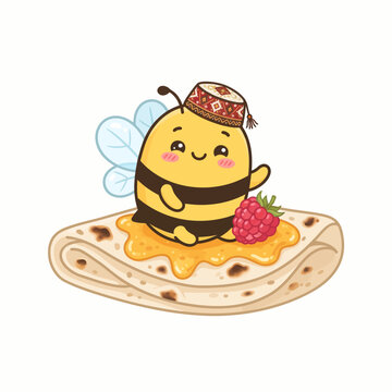 Chibi Kawaii Bee Sitting on Giant Lavash Bread with Honey and Raspberry Vector