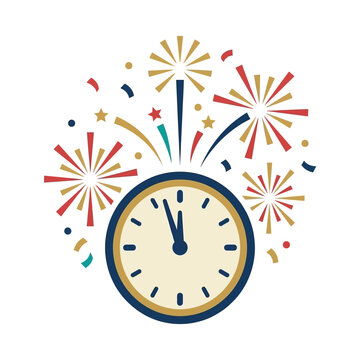 A colorful New Year clock showing midnight with fireworks exploding