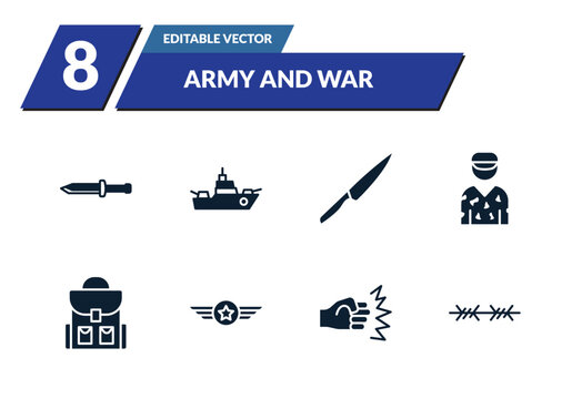 filled army and war icons set - military knife, warship, knife, conscription. editable vector for web and mobile ui