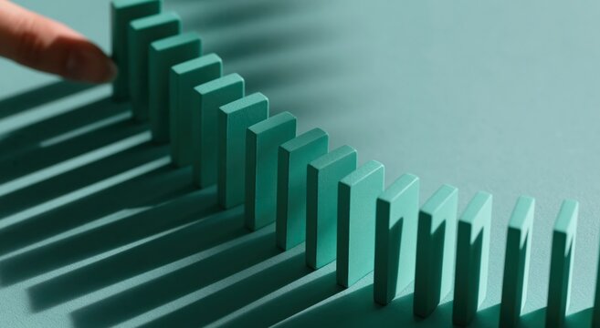 Domino effect triggered by a finger push to start a business chain reaction impact