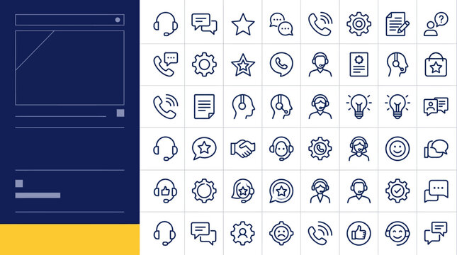 Customer Service Icon Set with blue line graphics and sidebar mockup ideal for help desk websites and support app interfaces.