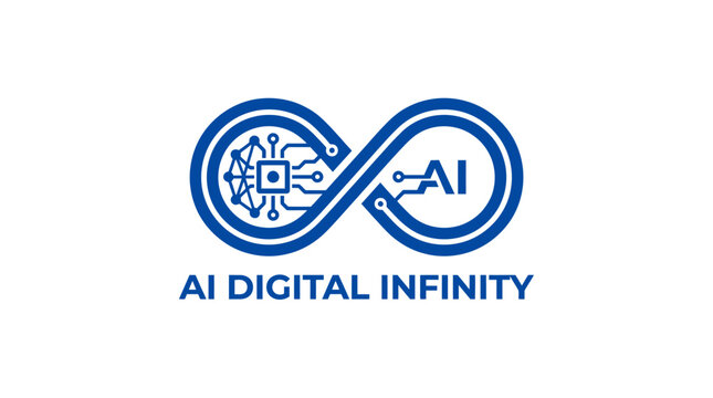 A blue digital infinity symbol featuring integrated circuit board patterns