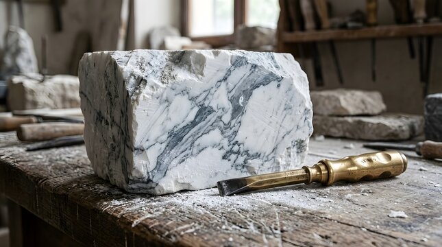 A large rough block of white marble with elegant grey veining sits beside a golden metal chisel on wood table