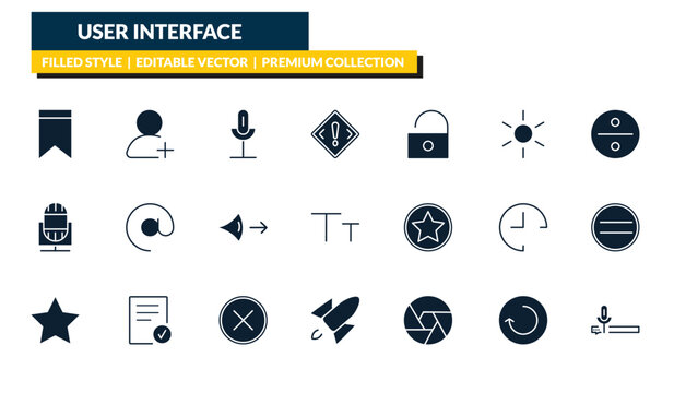 filled user interface icons set - bookmark, add user, division, voice message. editable vector for web and mobile ui