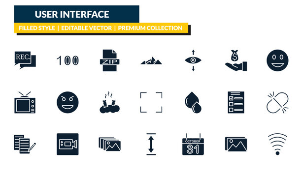 filled user interface icons set - recording conversation, one hundred, smiling smile, . editable vector for web and mobile ui