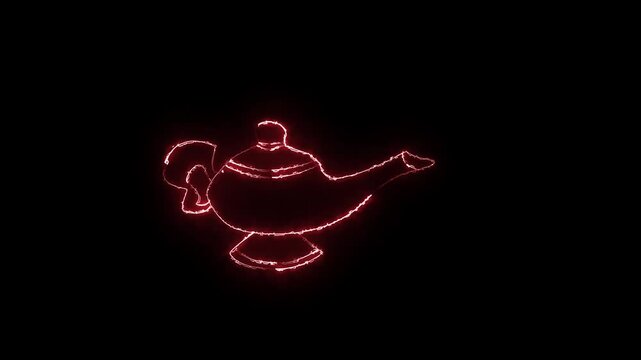 glowing neon Magic lamp or Aladdin lamp icon isolated on black background. Magic Lamp icon Animation &ndash; Aladdin Genie Fantasy Concept. Spiritual lamp for wish. Antique Arabian Lamp icon 4K video.