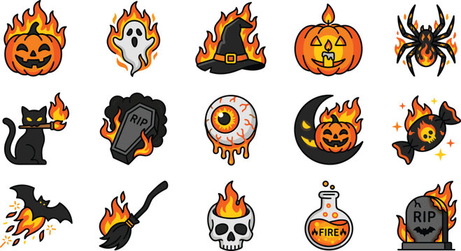 Flaming Halloween vector clipart elements sticker set with burning skull