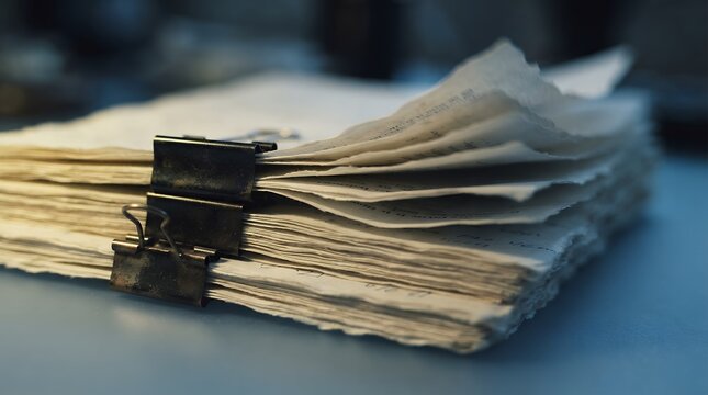 Vintage handmade paper stack with metal binder clips, textured deckle edge cotton sheets, antique document archive concept