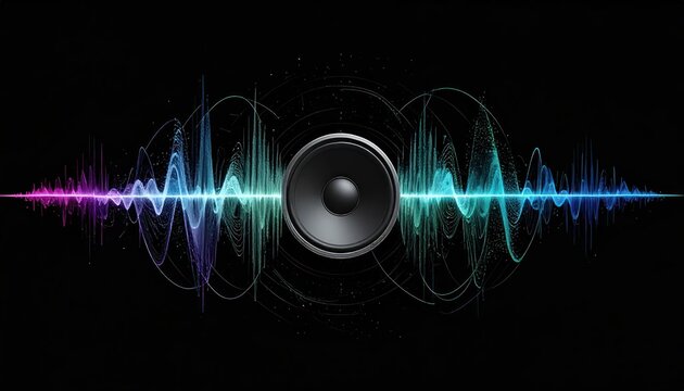 Dynamic sound waves in vibrant gradient colors pulsate from a central speaker cone against a deep black background