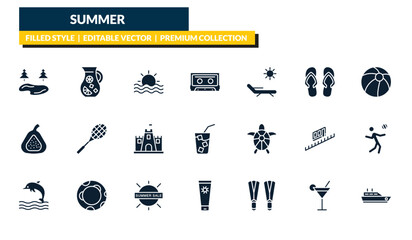 filled summer icons set - lake, sangria, beach ball, cruise. editable vector for web and mobile ui © IconArt
