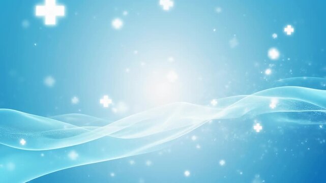 背景動画の水色の空間いっぱいに白い波形のラインがゆらゆらと大きく揺れながら緩やかに流れ小さな十字の光マークが点々と浮かび続ける清潔感あるヘルスケア調の固定構図の一場面である