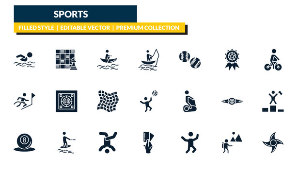 filled sports icons set - swimming man, game board, man riding bike, ninja shuriken. editable vector for web and mobile ui