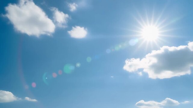 背景動画いっぱいに広がる青空へ白い雲がゆったりと浮かびながら右上の太陽から差し込む光がきらりと輝き続ける開放感あふれる自然光いっぱいの固定構図が続く清々しい一場面である