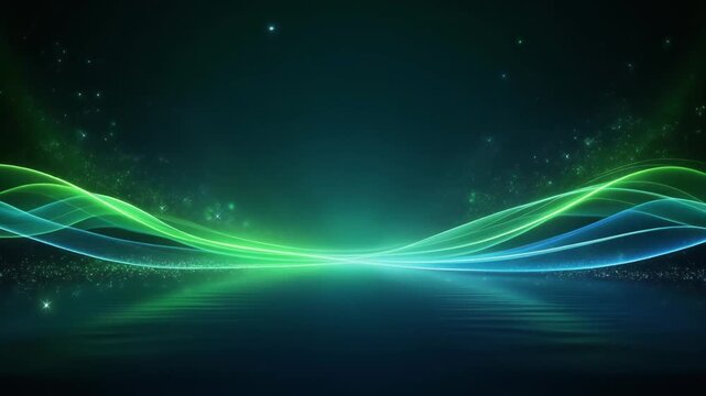 背景動画の暗い水面の上を緑と青の光の帯がすいすいと交わりながら手前から奥へ静かに流れ続け水面には淡い反射がゆっくりと揺れ続ける環境への配慮を思わせる固定構図の一場面である