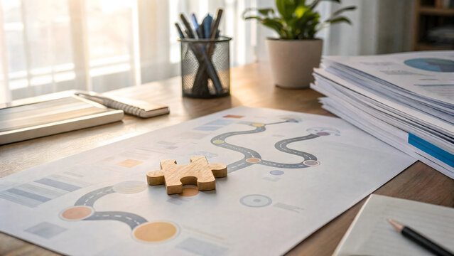 A wooden puzzle piece sits on a paper roadmap with a winding path drawn on a desk beside a pen holder and blurred plant representing a business strategy journey toward success