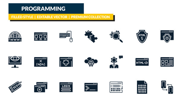 filled programming icons set - www, theme, authorize, cross-platform. editable vector for web and mobile ui