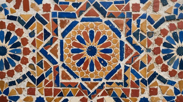 Intricate moroccan mosaic wall featuring vibrant blue, orange, and yellow geometric tiles arranged in a beautiful repeating star pattern design
