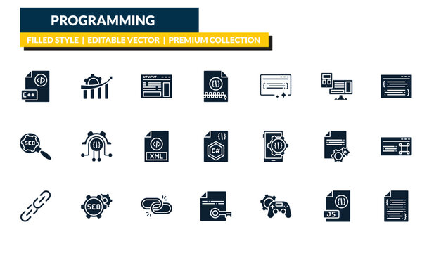 filled programming icons set - programming language, seo growth, code listing, software. editable vector for web and mobile ui