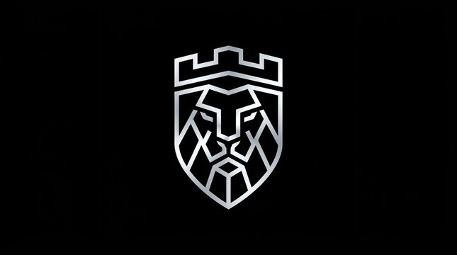 White lion head shield logo on black background.